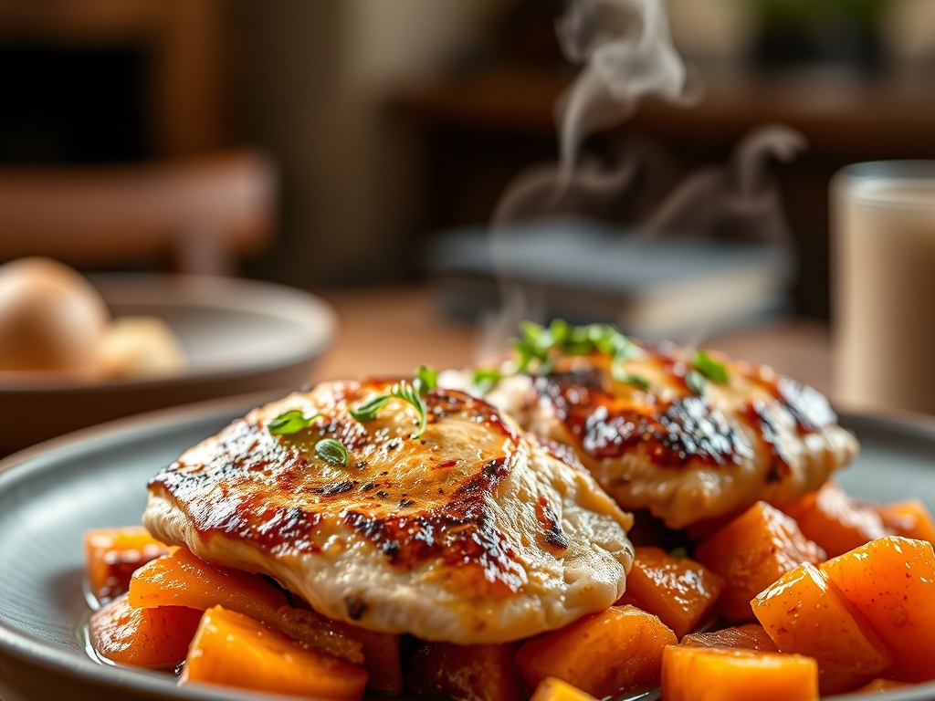 Freshly prepared chicken breast with sweet potato recipes