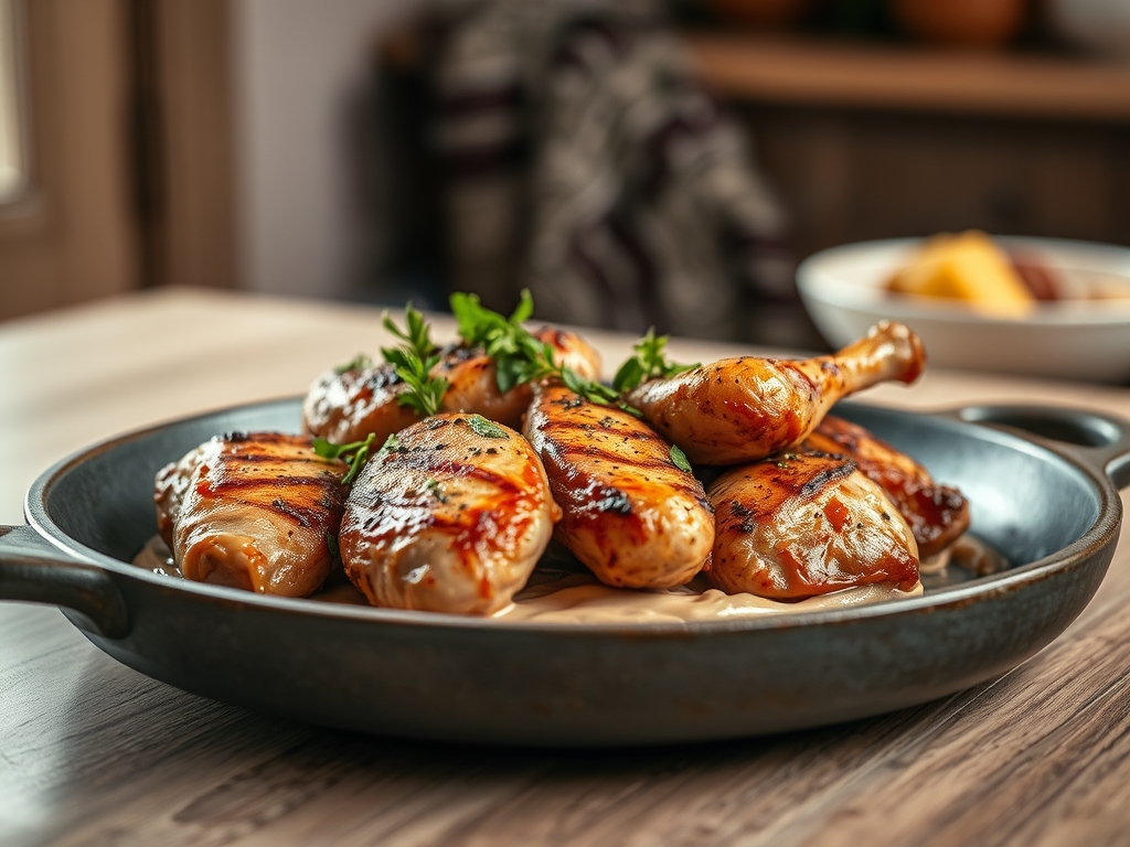 Freshly prepared chicken recipes on skillet