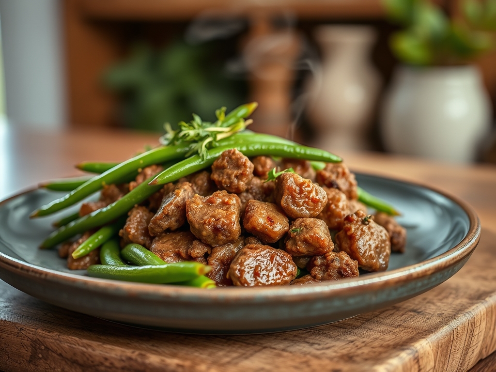 Freshly prepared green beans and ground beef recipes